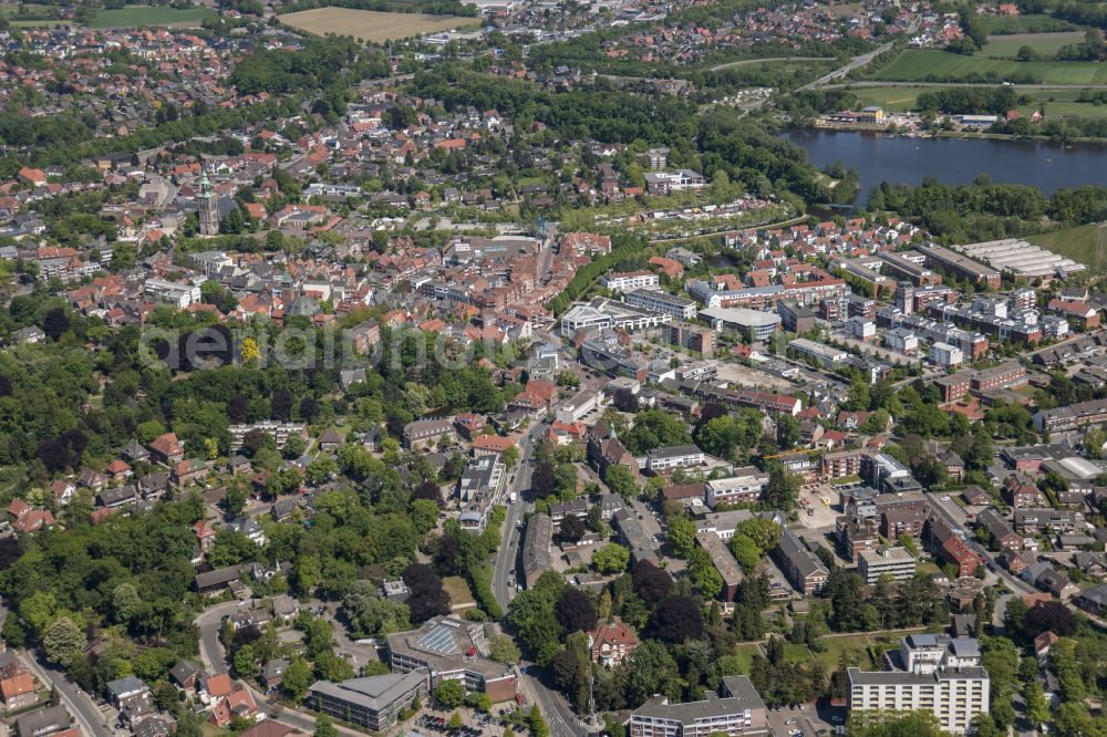 Aerial image Nordhorn - Old Town area and city center on street Hauptstrasse in Nordhorn in the state Lower Saxony, Germany