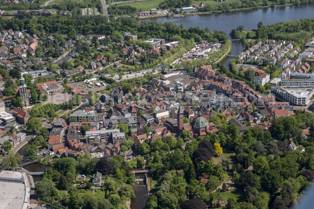 Nordhorn from above - Old Town area and city center on street Hauptstrasse in Nordhorn in the state Lower Saxony, Germany