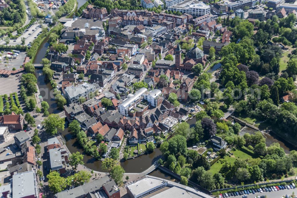 Aerial image Nordhorn - Old Town area and city center on street Hauptstrasse in Nordhorn in the state Lower Saxony, Germany