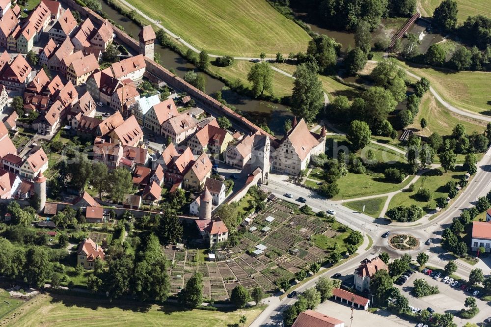 Dinkelsbühl from above - Old Town area and city center and Noerdlinger Tor in Dinkelsbuehl in the state Bavaria, Germany