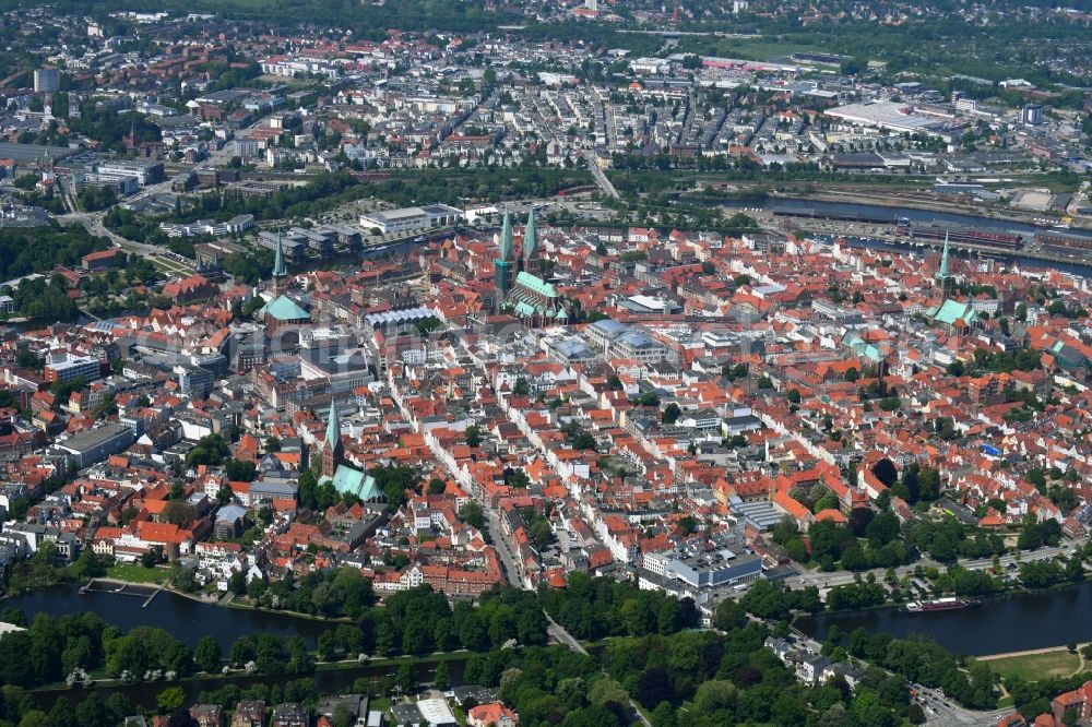 Lübeck from above - Old Town area and city center in the district Innenstadt in Luebeck in the state Schleswig-Holstein, Germany