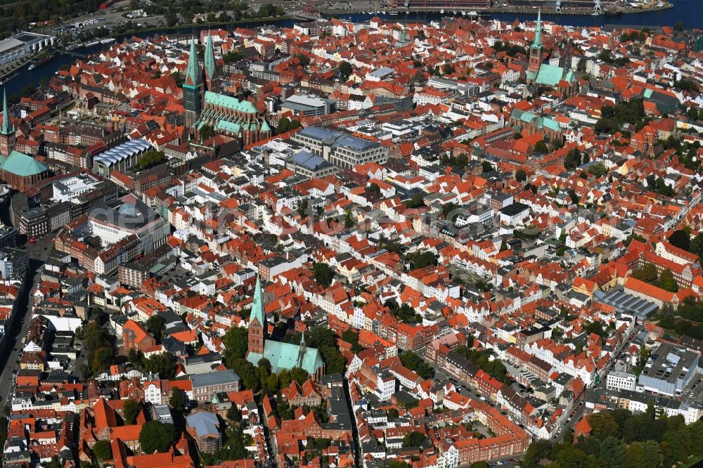 Lübeck from above - Old Town area and city center in the district Innenstadt in Luebeck in the state Schleswig-Holstein, Germany