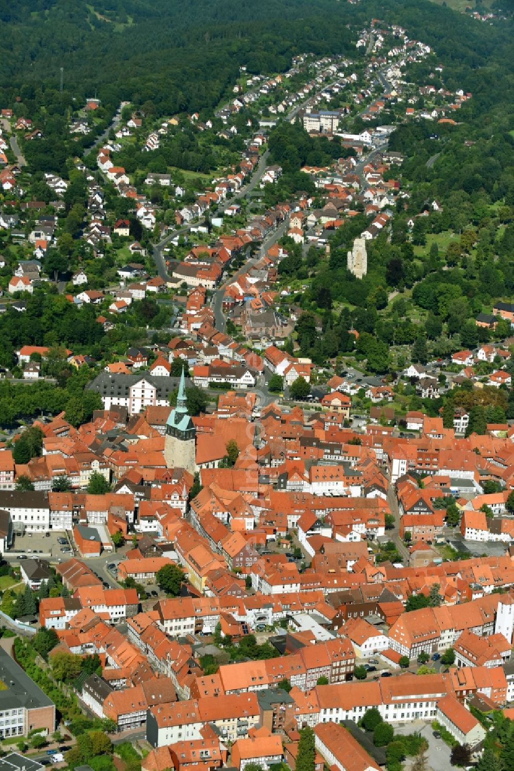 Osterode am Harz from above - Old Town area and city center in Osterode am Harz in the state Lower Saxony, Germany