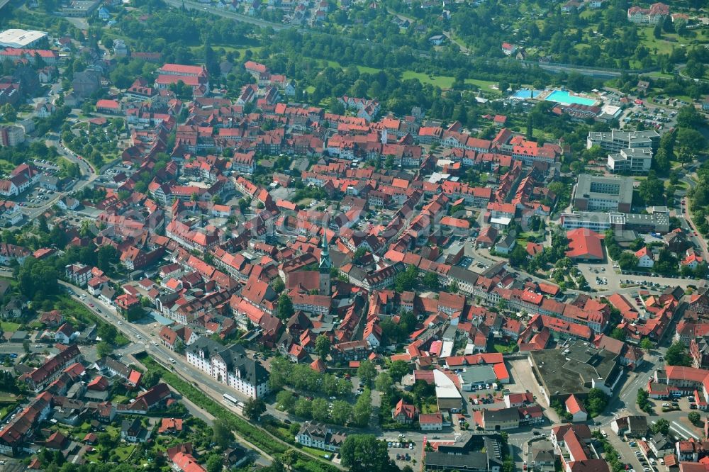 Osterode am Harz from the bird's eye view: Old Town area and city center in Osterode am Harz in the state Lower Saxony, Germany