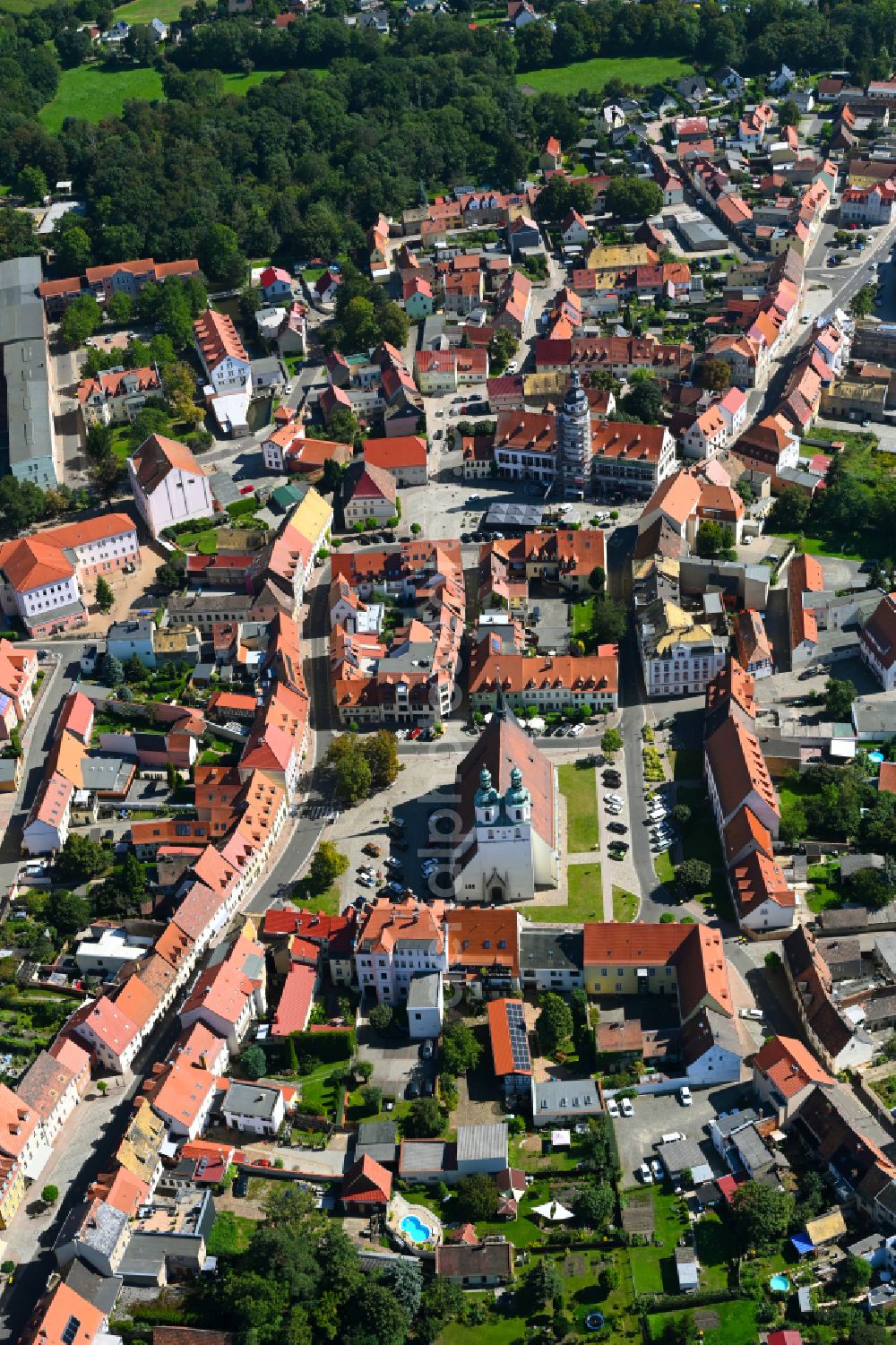 Pegau from above - Old Town area and city center in Pegau in the state Saxony, Germany