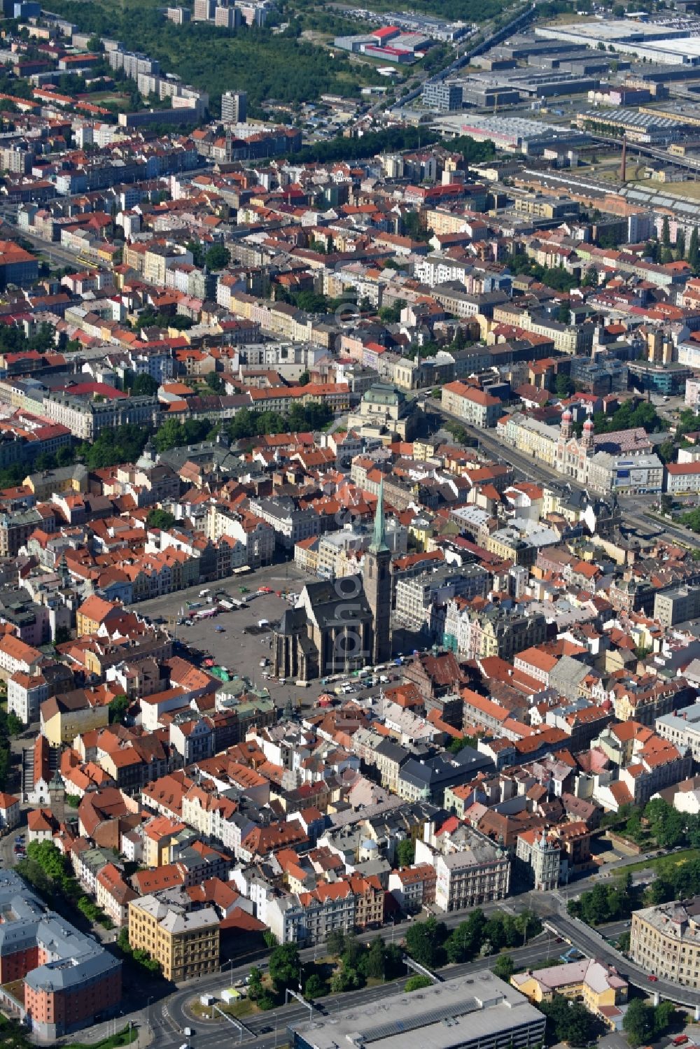 Pilsen from above - Old Town area and city center in Pilsen in Boehmen, Czech Republic