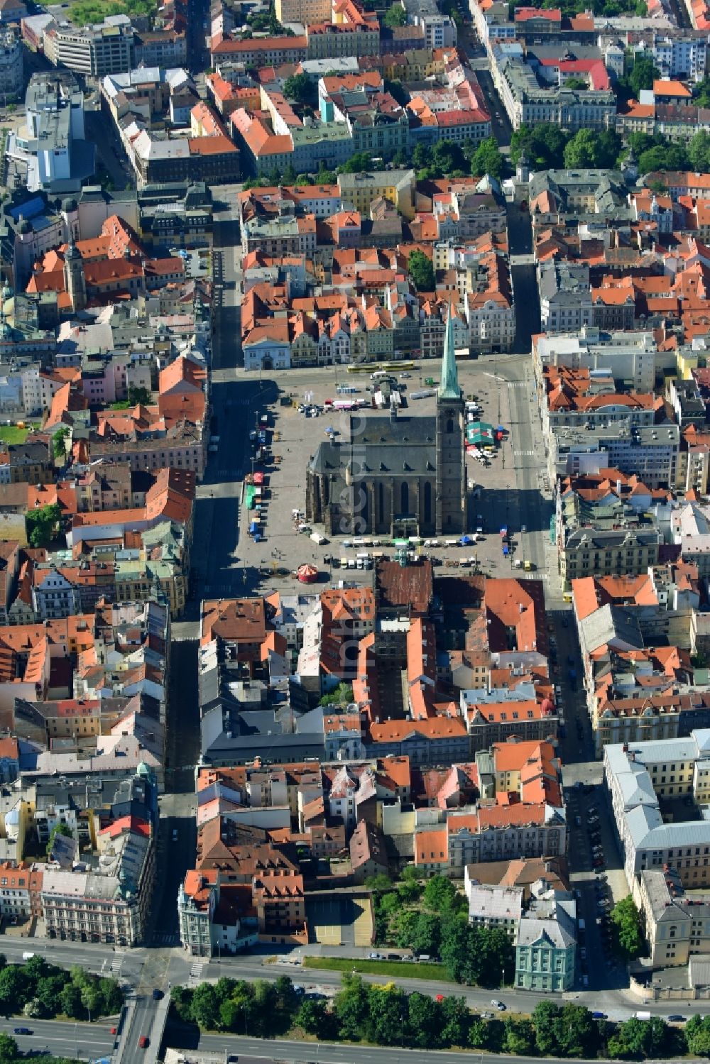 Aerial image Pilsen - Old Town area and city center in Pilsen in Boehmen, Czech Republic