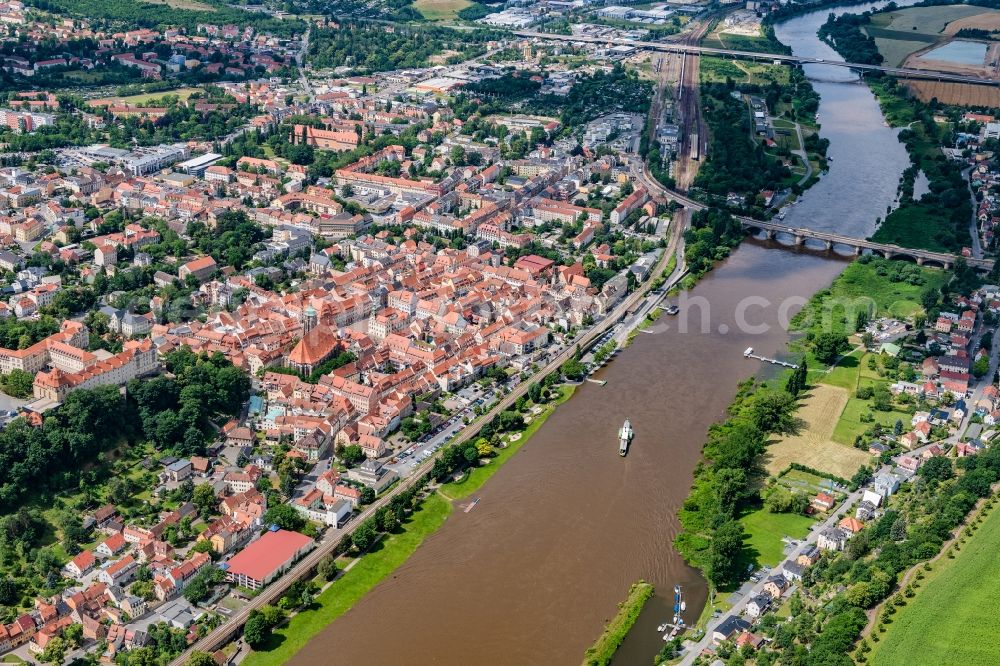 Pirna from the bird's eye view: Old town area and downtown center in Pirna on the Elbe river in the state Saxony, Germany