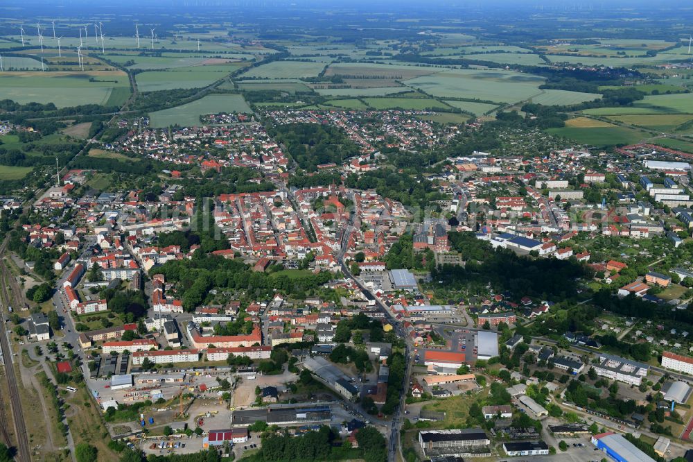 Pritzwalk from the bird's eye view: Old Town area and city center in Pritzwalk in the state Brandenburg, Germany