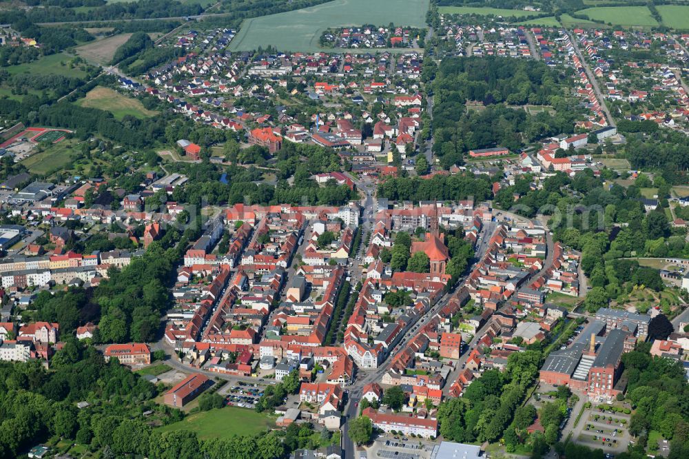 Aerial image Pritzwalk - Old Town area and city center in Pritzwalk in the state Brandenburg, Germany