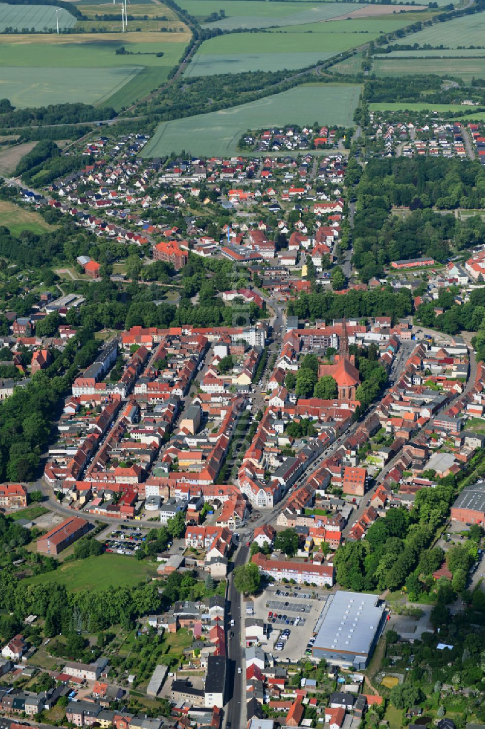 Aerial photograph Pritzwalk - Old Town area and city center in Pritzwalk in the state Brandenburg, Germany