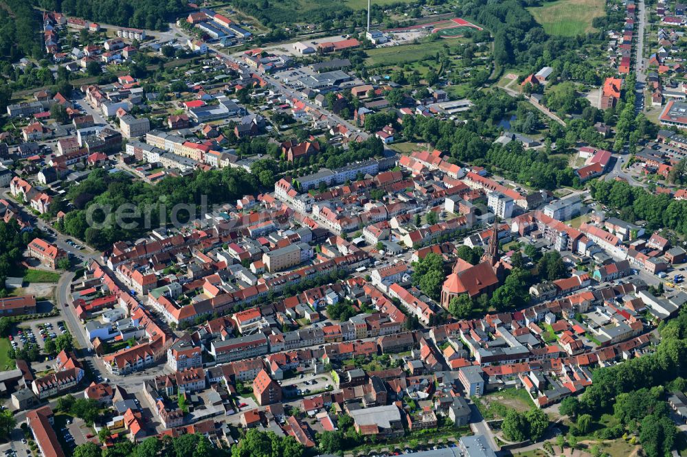 Pritzwalk from above - Old Town area and city center in Pritzwalk in the state Brandenburg, Germany