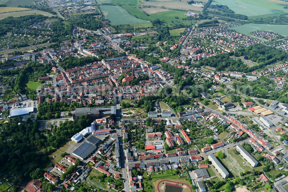 Pritzwalk from the bird's eye view: Old Town area and city center in Pritzwalk in the state Brandenburg, Germany