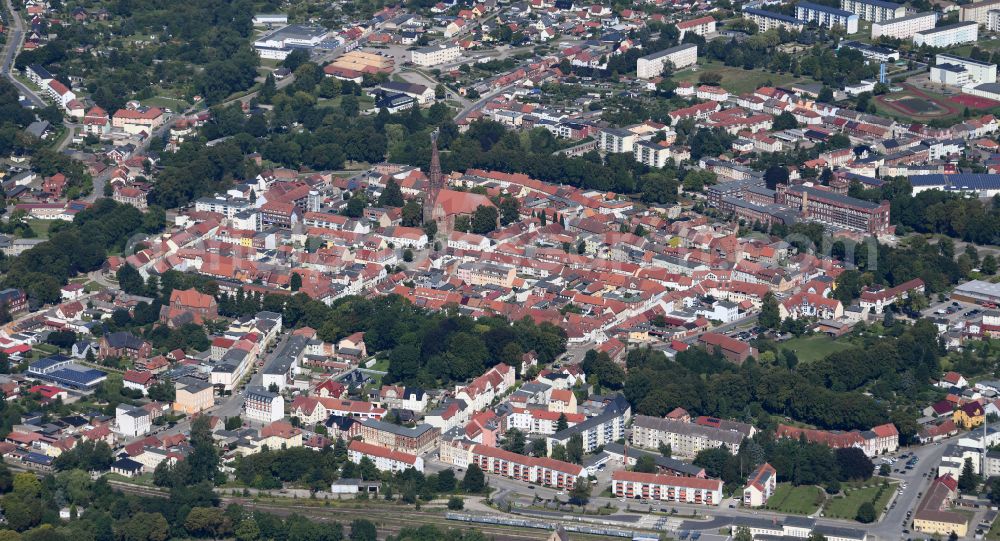 Aerial image Pritzwalk - Old Town area and city center in Pritzwalk in the state Brandenburg, Germany