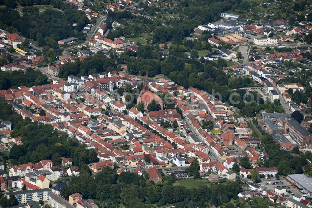 Pritzwalk from the bird's eye view: Old Town area and city center in Pritzwalk in the state Brandenburg, Germany