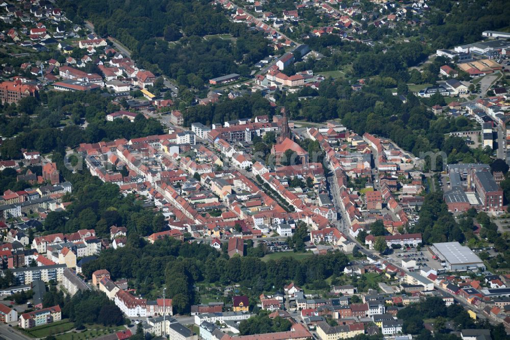 Aerial image Pritzwalk - Old Town area and city center in Pritzwalk in the state Brandenburg, Germany