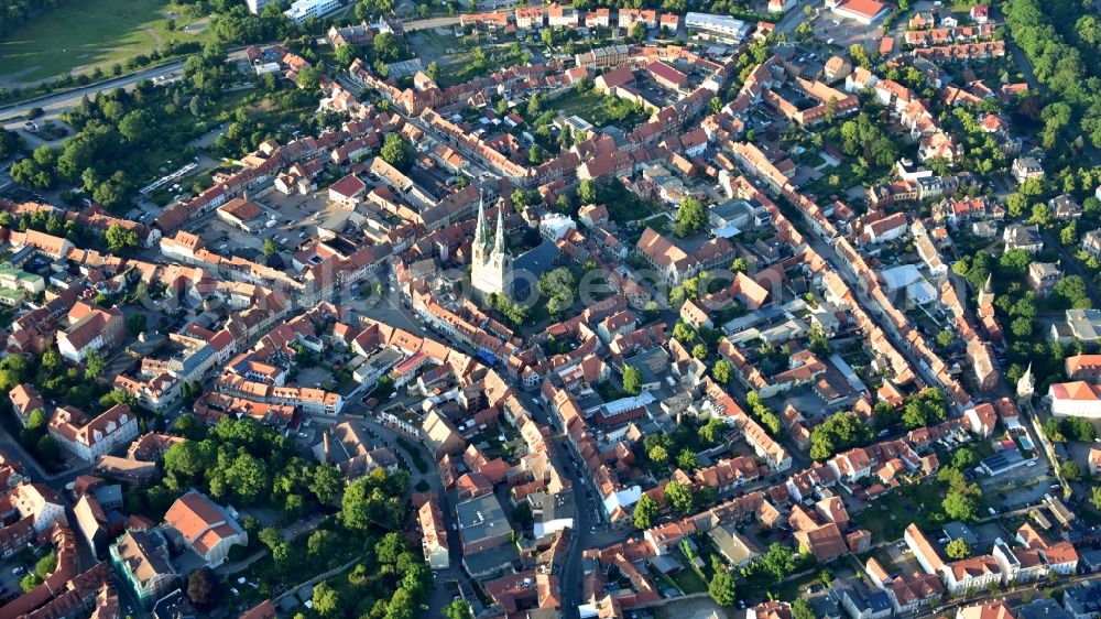 Quedlinburg from above - Old Town area and city center in Quedlinburg in the state Saxony-Anhalt, Germany