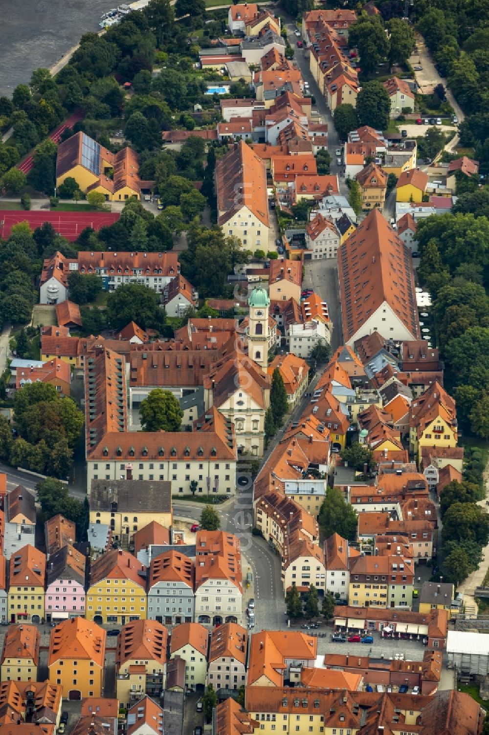 Regensburg from above - Old Town area and city center in Regensburg in the state Bavaria