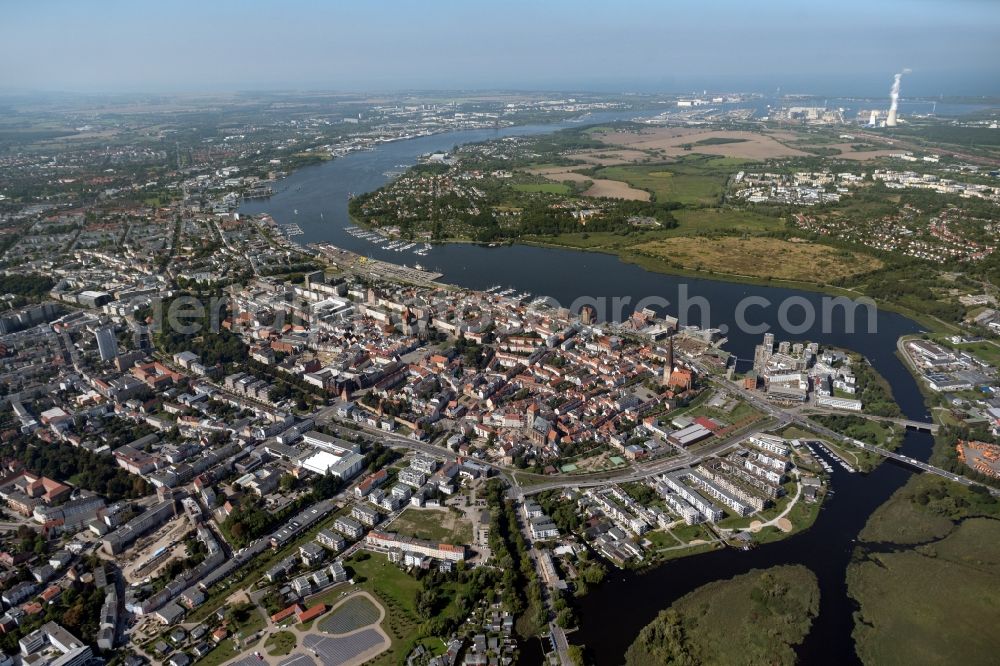 Aerial image Rostock - old Town area and city center on shore of Unterwarnow in Rostock in the state Mecklenburg - Western Pomerania, Germany