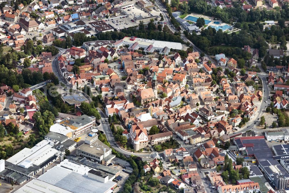 Roth from the bird's eye view: Old Town area and city center overlooking the citys church and the castle Schloss Ratibor in Roth in the state Bavaria, Germany