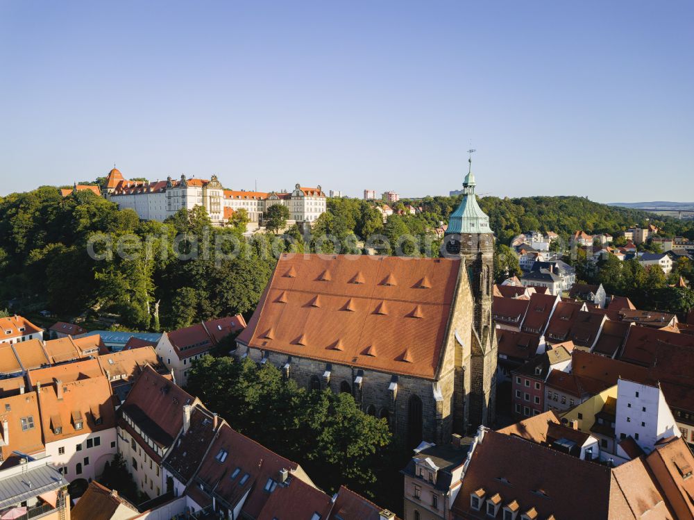 Aerial image Pirna - Old town area and city center around the Stadtkriche St. Marien and Schloss Sonnenstein in Pirna in the state Saxony, Germany