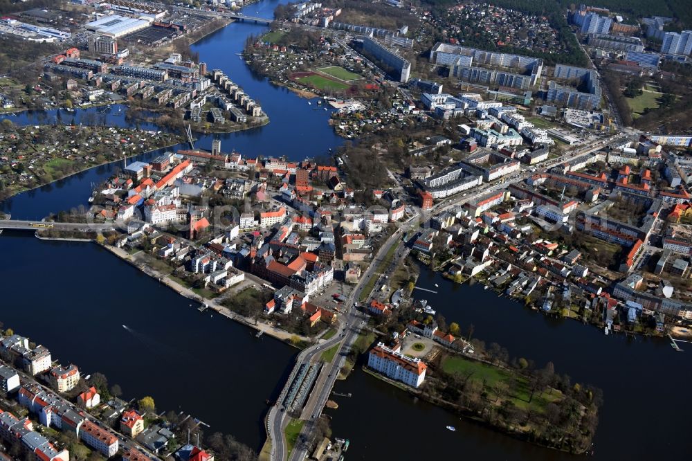 Berlin from above - Old town area and city center on the banks of the river Dahme and Mueggelspree in the district of Koepenick in Berlin, Germany