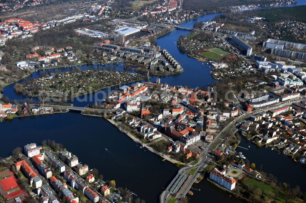 Berlin from the bird's eye view: Old town area and city center on the banks of the river Dahme and Mueggelspree in the district of Koepenick in Berlin, Germany