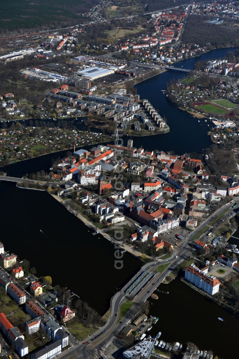 Aerial image Berlin - Old town area and city center on the banks of the river Dahme and Mueggelspree in the district of Koepenick in Berlin, Germany