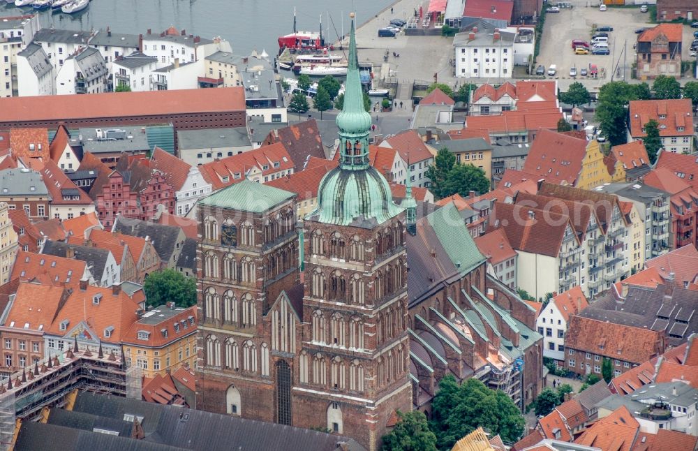 Hansestadt Stralsund from above - Old town area and city center with the St. Nikolai Church on the Alter Markt in Stralsund in the state Mecklenburg - Western Pomerania, Germany