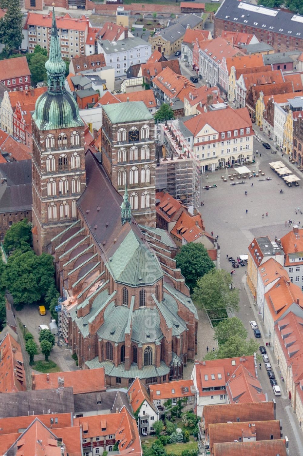 Hansestadt Stralsund from above - Old town area and city center with the St. Nikolai Church on the Alter Markt in Stralsund in the state Mecklenburg - Western Pomerania, Germany