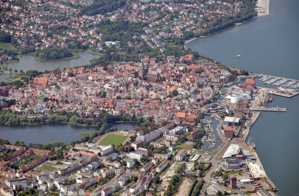 Hansestadt Stralsund from above - Old town area and city center with the St. Nikolai Church on the Alter Markt in Stralsund in the state Mecklenburg - Western Pomerania, Germany