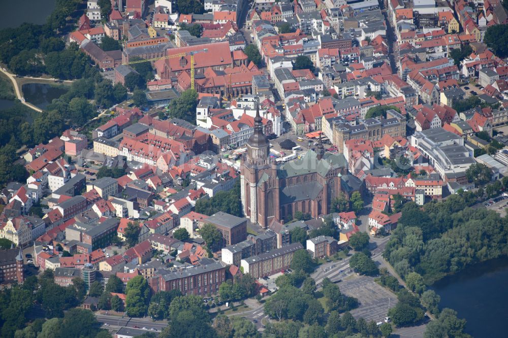 Hansestadt Stralsund from above - Old town area and city center with the St. Nikolai Church on the Alter Markt in Stralsund in the state Mecklenburg - Western Pomerania, Germany