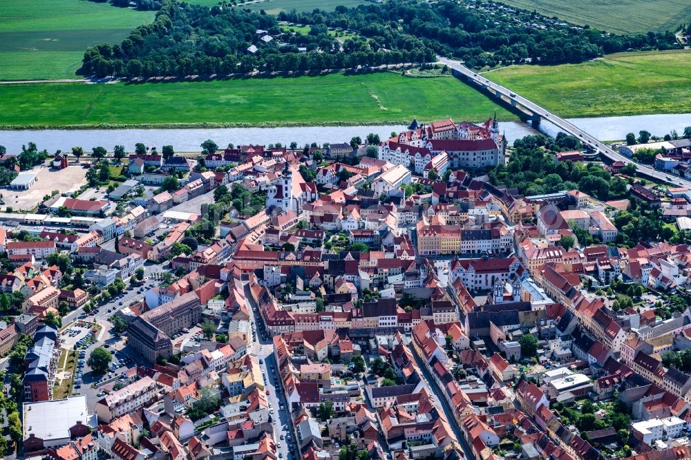 Torgau from above - Old Town area and city center on the course of the river Elbe in Torgau in the state Saxony, Germany