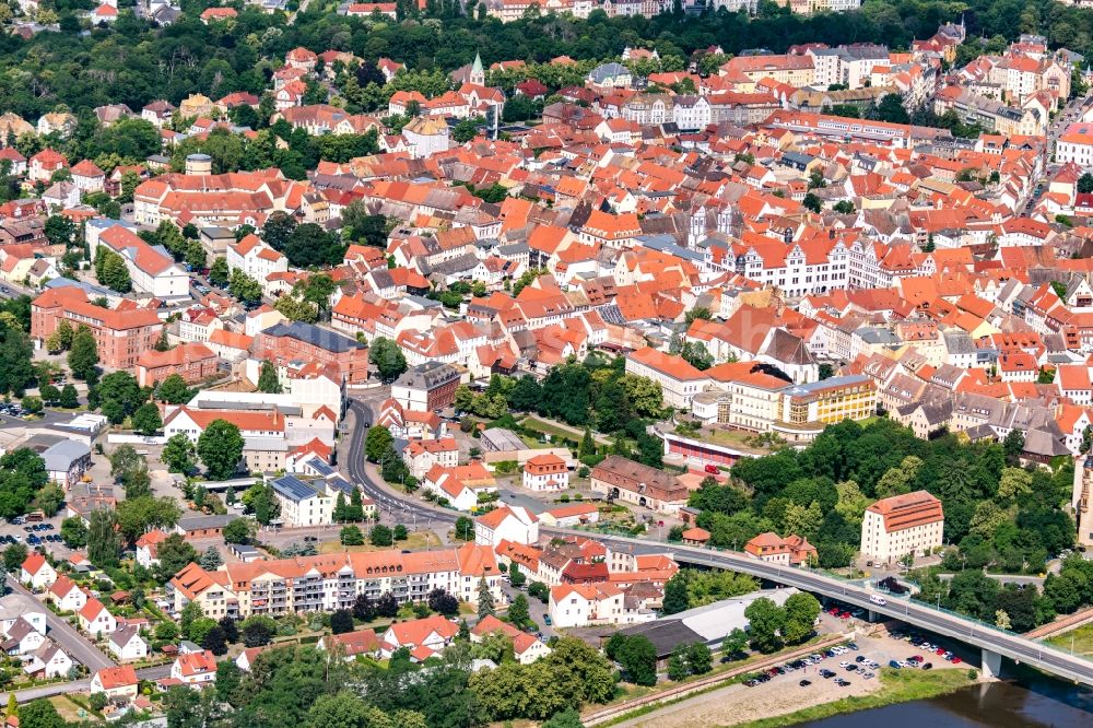 Torgau from above - Old Town area and city center in Torgau in the state Saxony, Germany