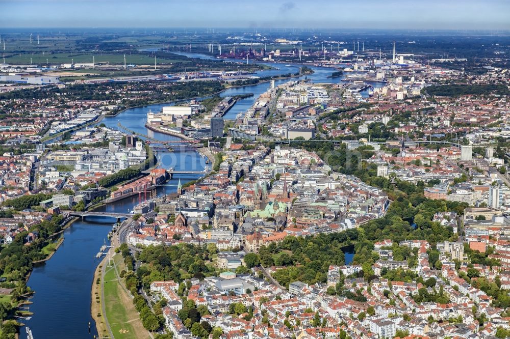 Bremen from above - Old Town area and city center on the banks of the river Weser in the district Zentrum in Bremen, Germany