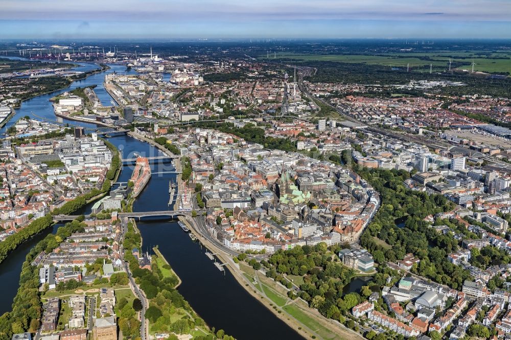 Bremen from above - Old Town area and city center on the banks of the river Weser in the district Zentrum in Bremen, Germany