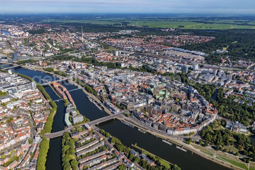 Bremen from above - Old Town area and city center on the banks of the river Weser in the district Zentrum in Bremen, Germany