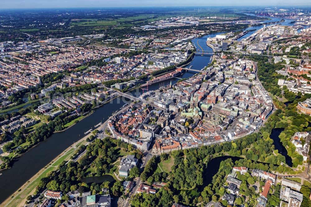 Bremen from above - Old Town area and city center on the banks of the river Weser in the district Zentrum in Bremen, Germany