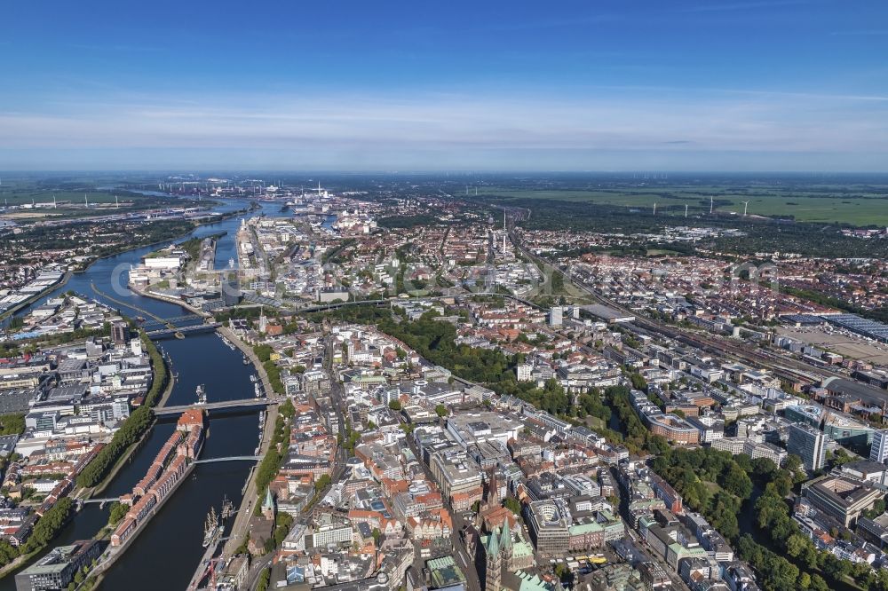 Bremen from above - Old Town area and city center on the banks of the river Weser in the district Zentrum in Bremen, Germany