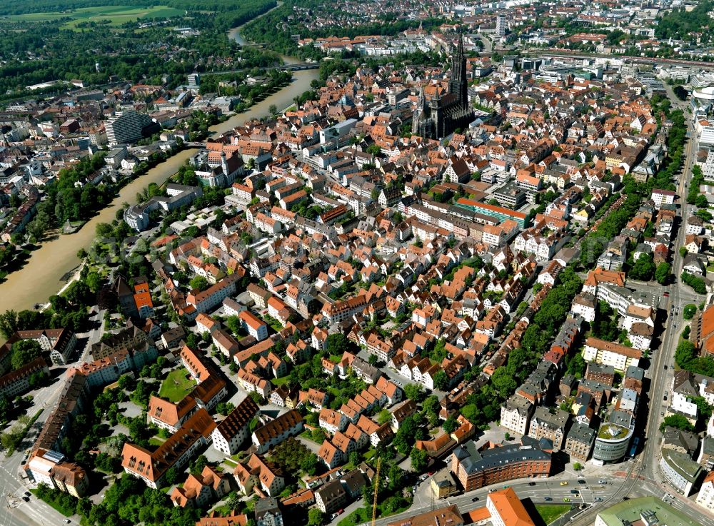 Ulm from above - Old Town area and city center in Ulm in the state Baden-Wuerttemberg, Germany