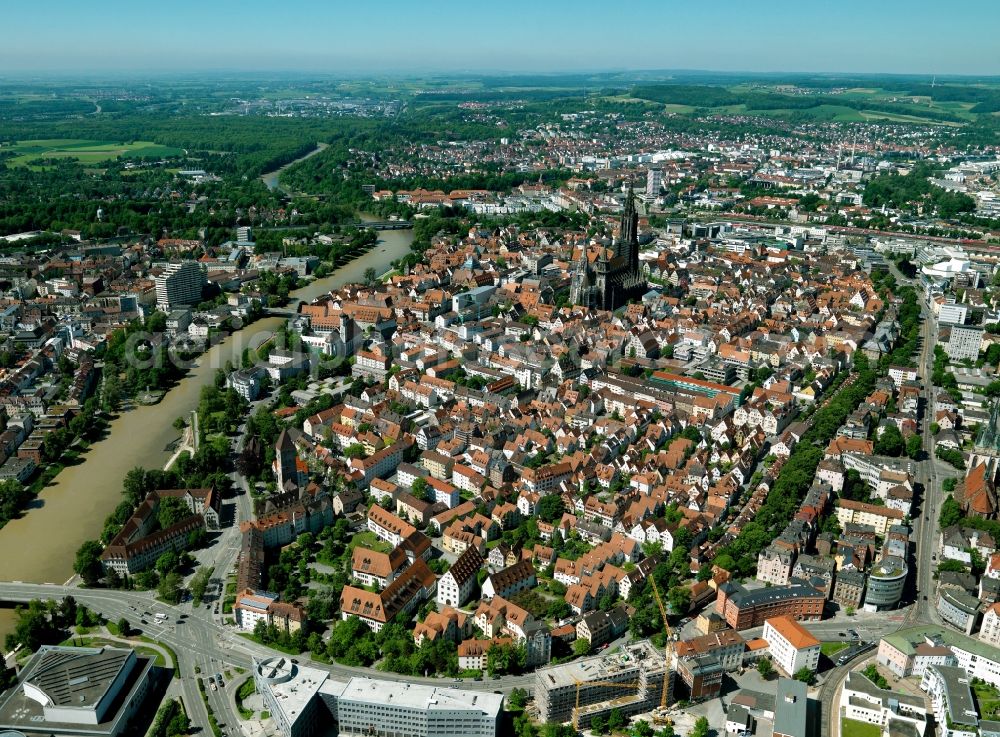 Ulm from above - Old Town area and city center in Ulm in the state Baden-Wuerttemberg, Germany