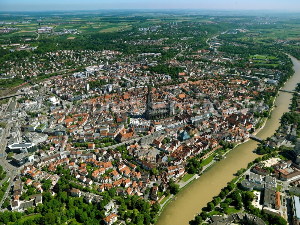 Ulm from above - Old Town area and city center in Ulm in the state Baden-Wuerttemberg, Germany