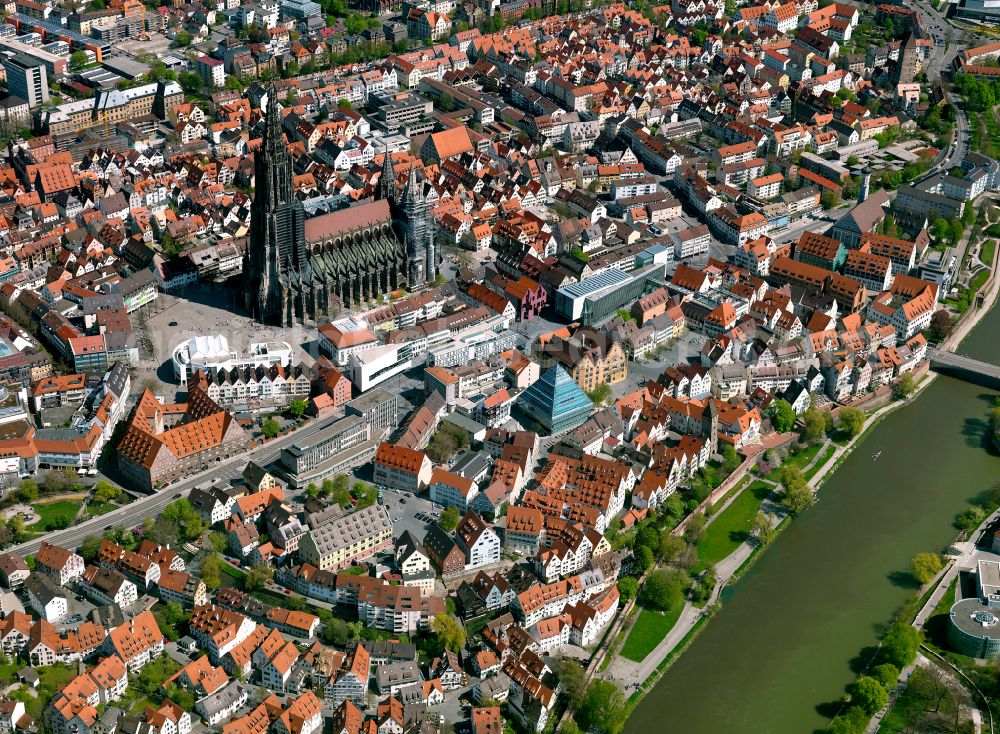 Ulm from above - Old Town area and city center in Ulm in the state Baden-Wuerttemberg, Germany