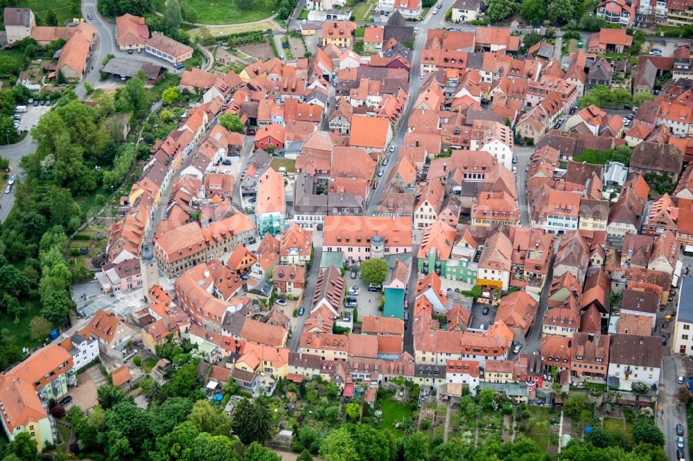 Volkach from the bird's eye view: Old Town area and city center in Volkach in the state Bavaria, Germany