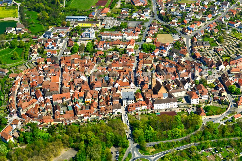 Volkach from above - Old Town area and city center in Volkach in the state Bavaria, Germany