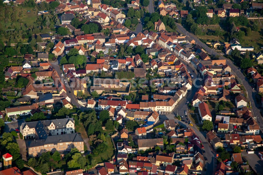 Wallhausen from above - Old Town area and city center of Schlossgasse on street Stunzengasse in Wallhausen in the state Saxony-Anhalt, Germany