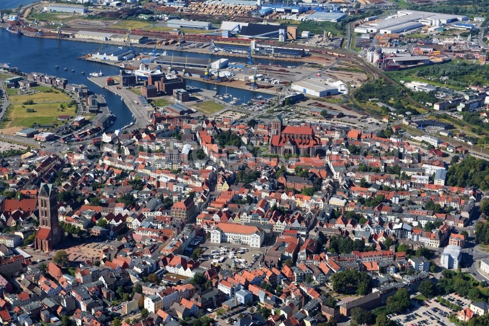 Wismar from above - Old Town area and city center in Wismar in the state Mecklenburg - Western Pomerania