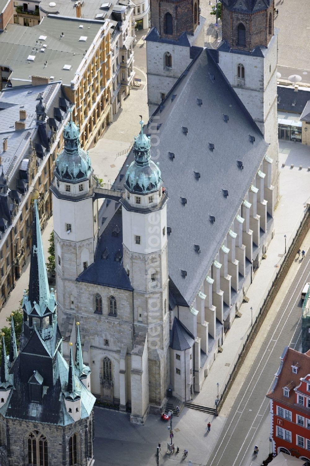 Aerial photograph Halle - The old town area of St. Mary's Church from the Red Tower at Market Square in the center of Halle (Saale)