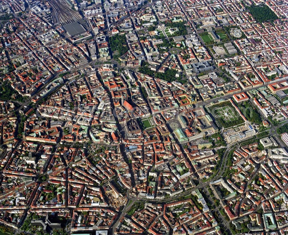 München from above - Old Town area and city center in Munich in the state Bavaria, Germany