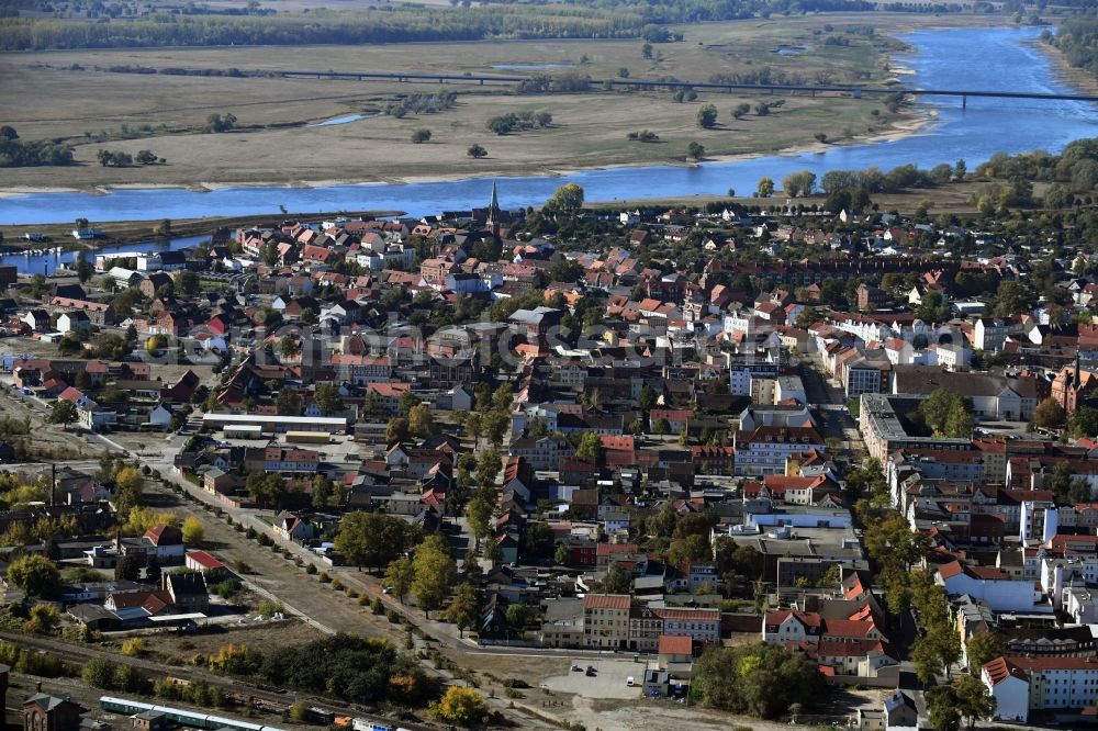 Aerial image Wittenberge - Old Town area on the banks of the Elbe in Wittenberge in the state Brandenburg, Germany